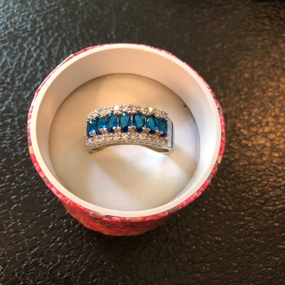 Women’s Silver Created Blue Sapphire/Diamond Ring - Picture 1 of 3